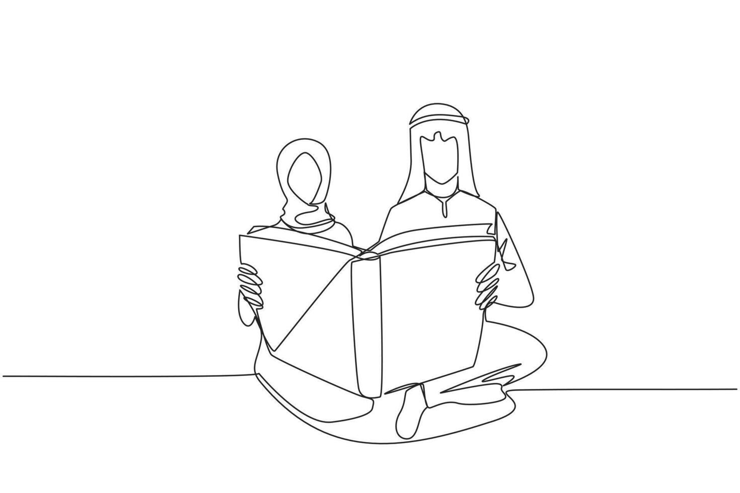 Single continuous line drawing Arabian man woman sitting reading standing book. Enthusiasm never goes away. Happy when reading story book. Book festival concept. One line design illustration vector