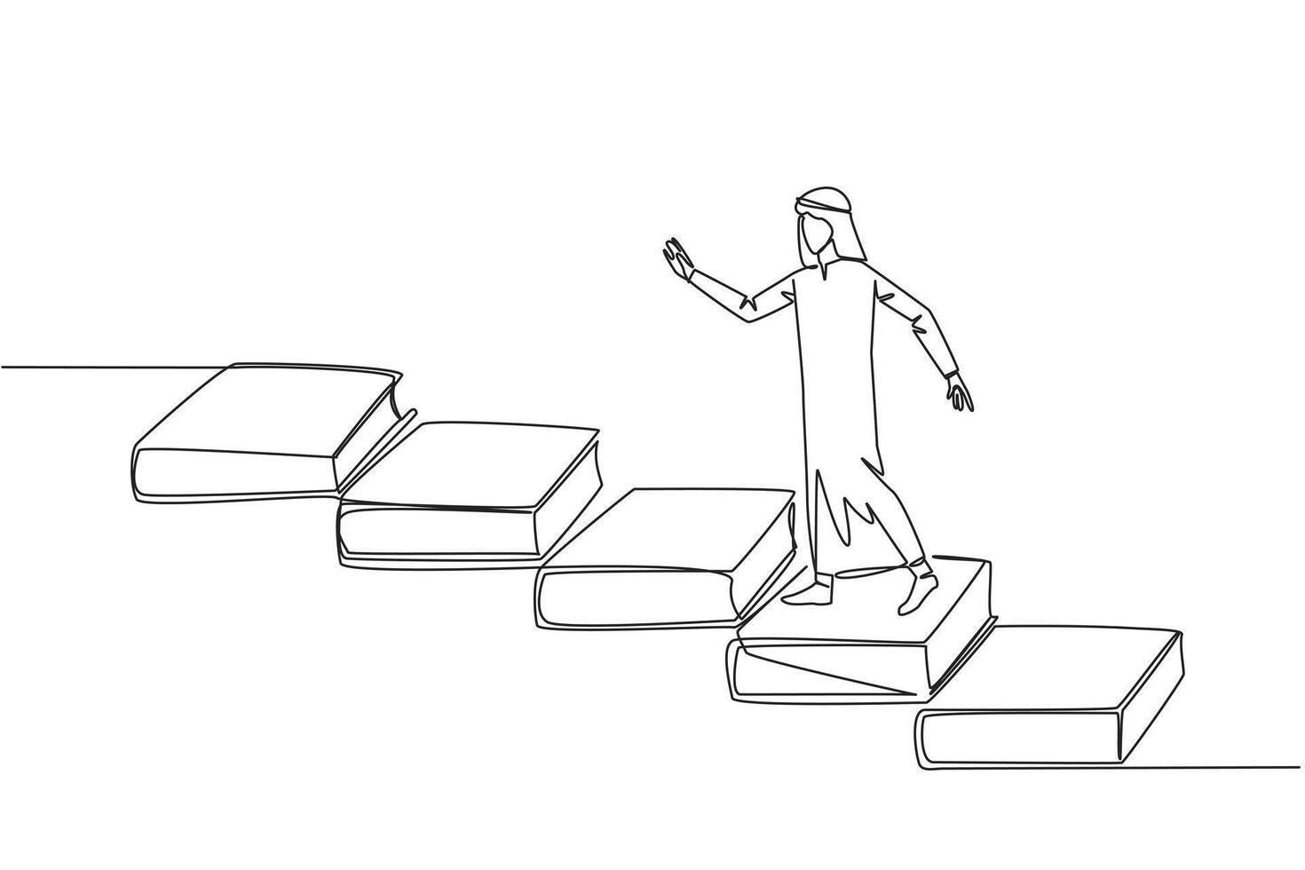 Single continuous line drawing Arab man climb stairs from books. Reading increases knowledge which can increase the dignity of a better life. Book festival concept. One line design illustration vector