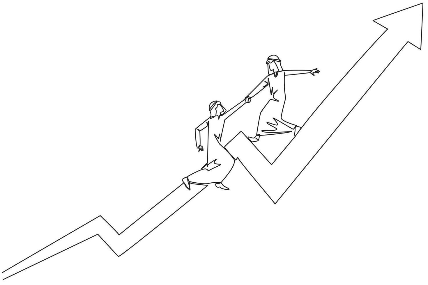 Single continuous line drawing Arabian businessman helps colleague to climb the rising arrow symbol. Help each other to achieve satisfactory targets. Grow together. One line design illustration vector