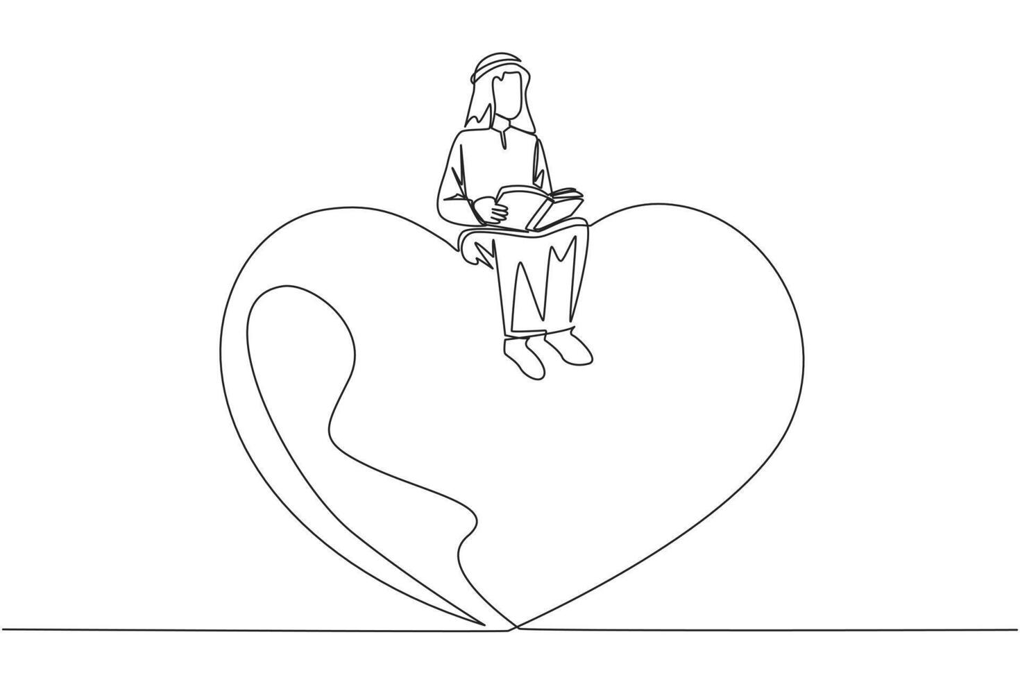 Continuous one line drawing Arab man sitting on big heart. Reading romantic fiction book. Enjoy storyline. Hobby reading story books. Book festival concept. Single line draw design illustration vector