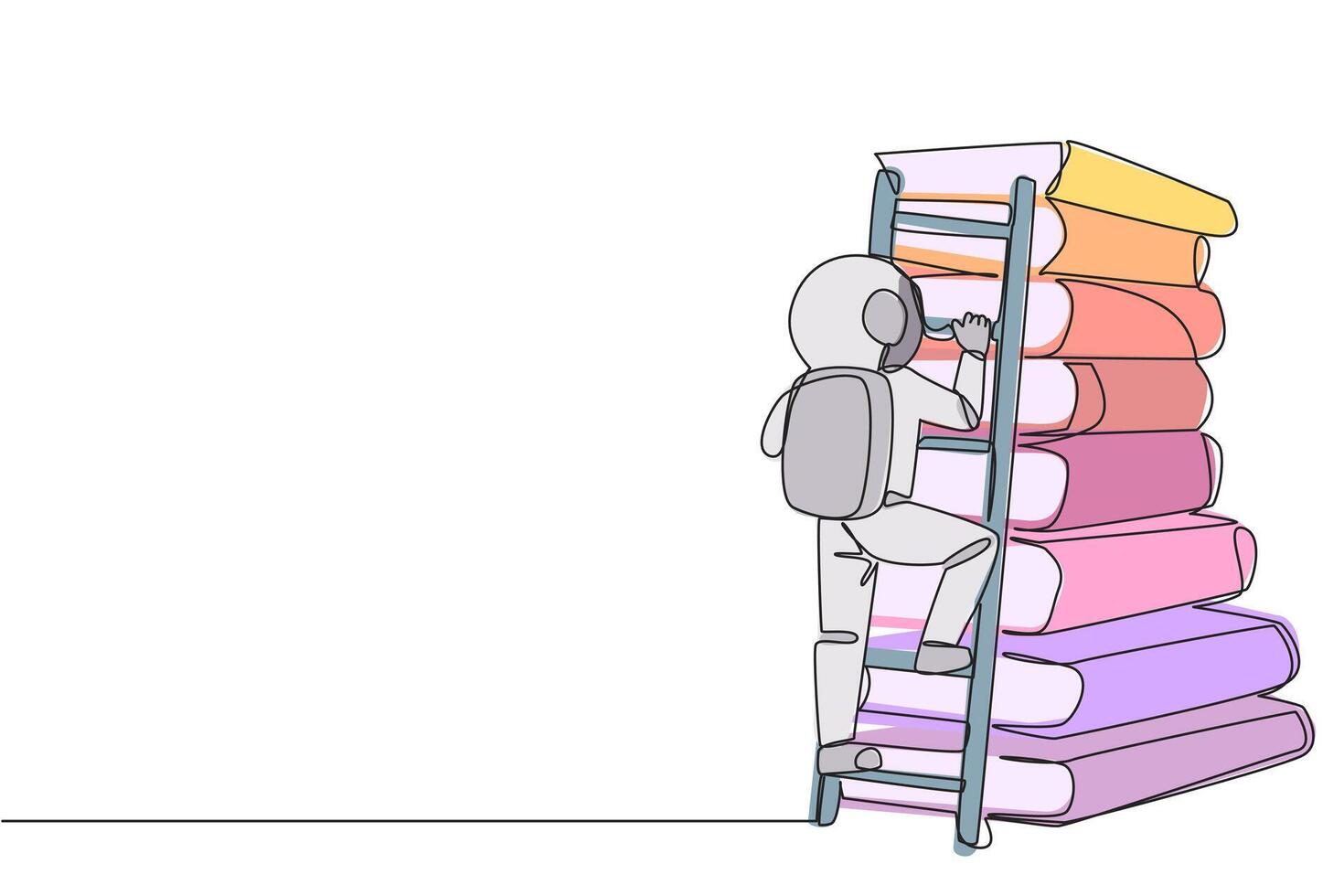 continuo uno línea dibujo astronauta sube un grande apilar de libros con un escalera. mundo ventana libro metáfora. leyendo aumenta conocimiento. cosmonauta. soltero línea dibujar diseño ilustración vector
