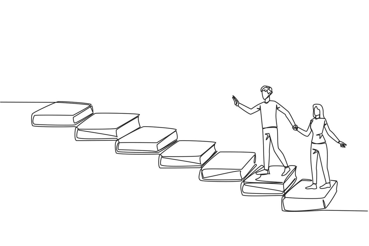 Continuous one line drawing man woman climb stairs from books. Reading increases knowledge which can increase the dignity of better life. Book festival concept. Single line design illustration vector