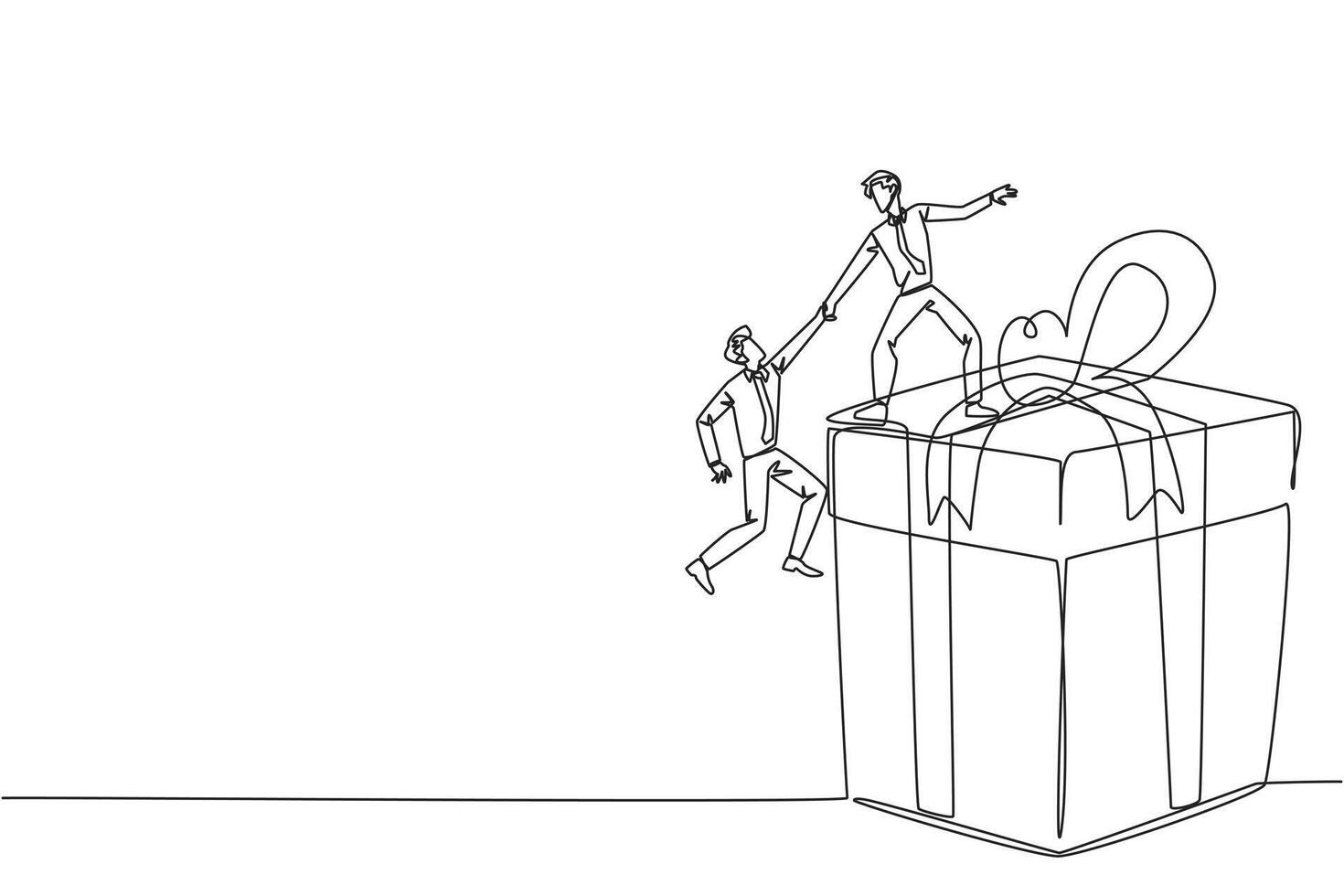 Continuous one line drawing businessman helps colleague climb big gift box. Integrated teamwork to reach the highest level for rewards. Helping each other. Single line draw design illustration vector