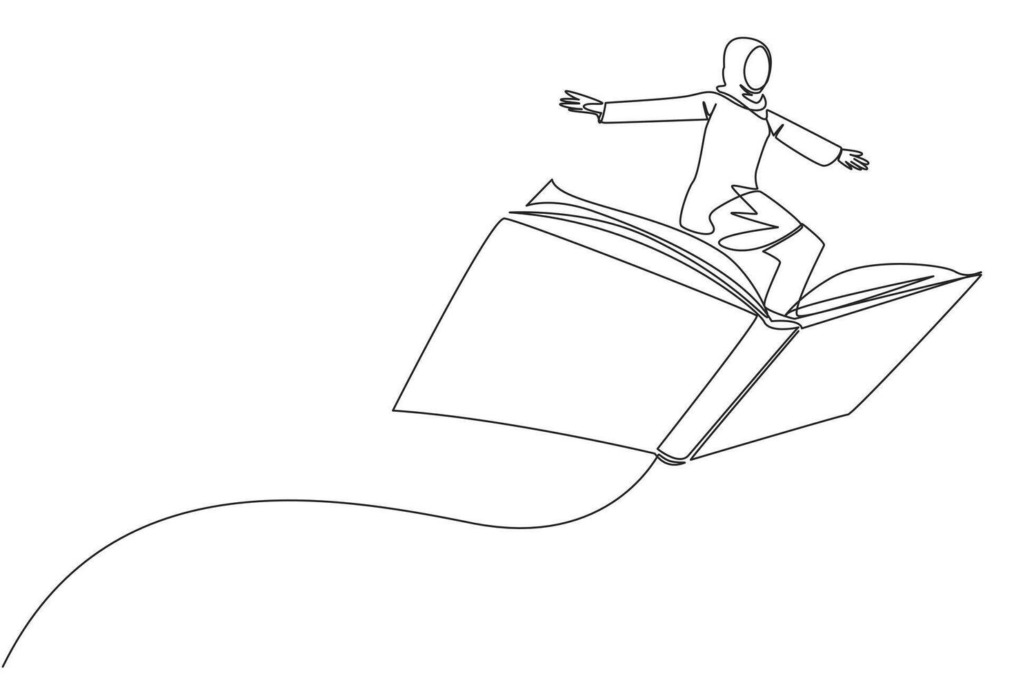 Single continuous line drawing Arabian woman standing on large flying open book. Like riding a cloud, able to fly as high as possible. Reading increase insight. One line design illustration vector