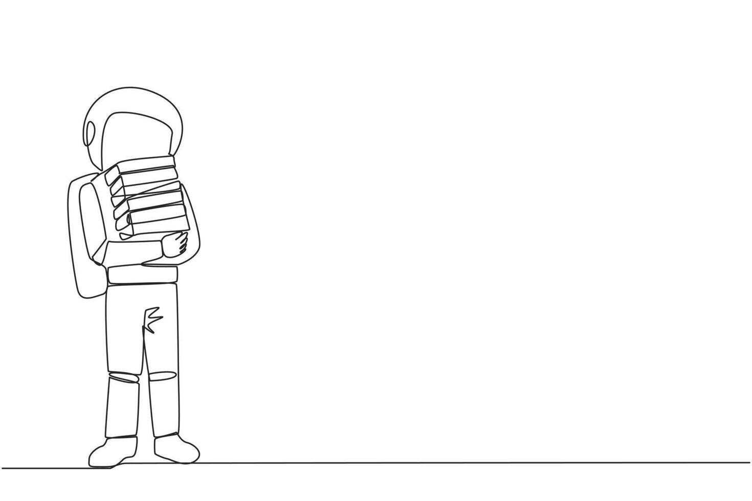 Single one line drawing astronaut standing hug some books. Favorite book that finish reading. Some books will be donated to national library. Charity. Knowledge. Continuous line graphic illustration vector