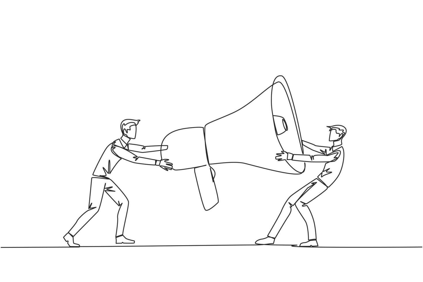 Single one line drawing two emotional businessman fighting over megaphone. Scramble to announce vacancies and look for reliable employees. Conflict. Attack. Continuous line design graphic illustration vector