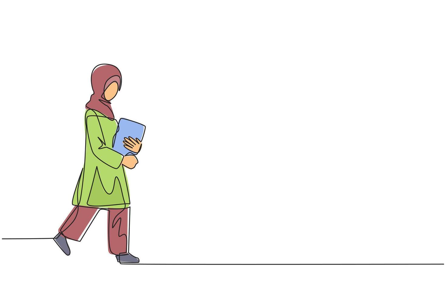 continuo uno línea dibujo árabe mujer caminando que lleva un libro. caminando espalda hogar después visitando el libro festival. pasatiempo lectura. muy bueno hábito. soltero línea dibujar diseño ilustración vector