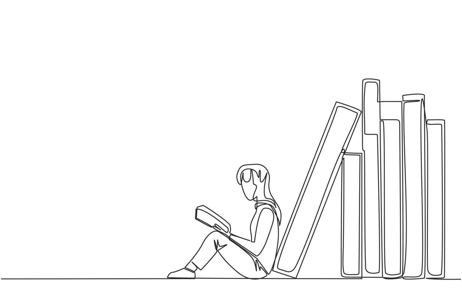 Single continuous line drawing girl reading sitting leaning against a pile of books. Habit of reading books every day. Library. Good habit. Book festival concept. One line design illustration vector