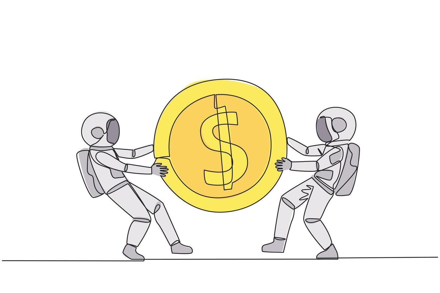 Single one line drawing two angry astronaut fighting over the dollar sign coin. The last coin used to buy fresh drinks at vending machine. Attack. Rival. Continuous line design graphic illustration vector