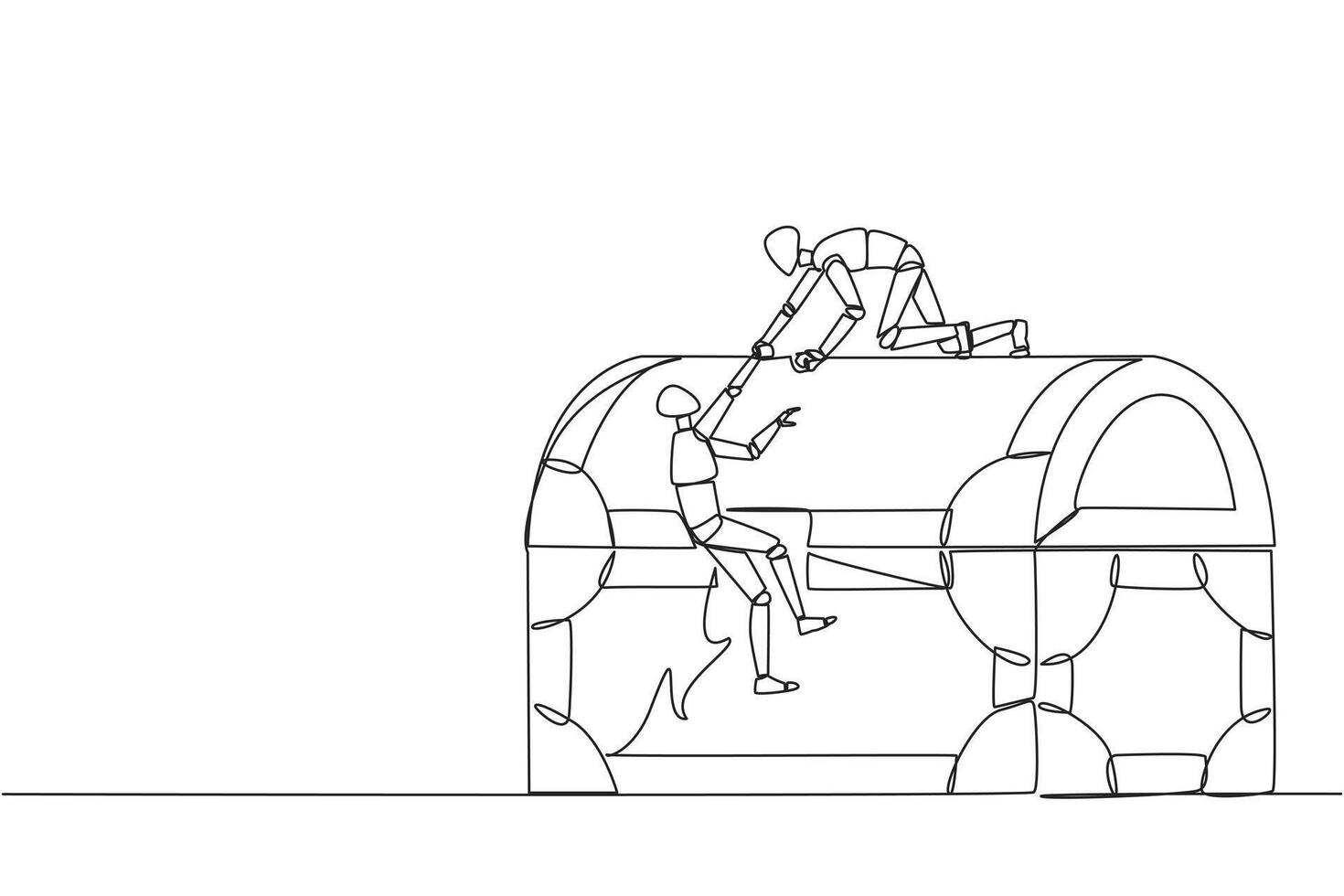 Single continuous line drawing smart robot helps colleague climbing the big treasure chest. Get extraordinary profits. Share equally. Stronger together. Reward. One line design illustration vector