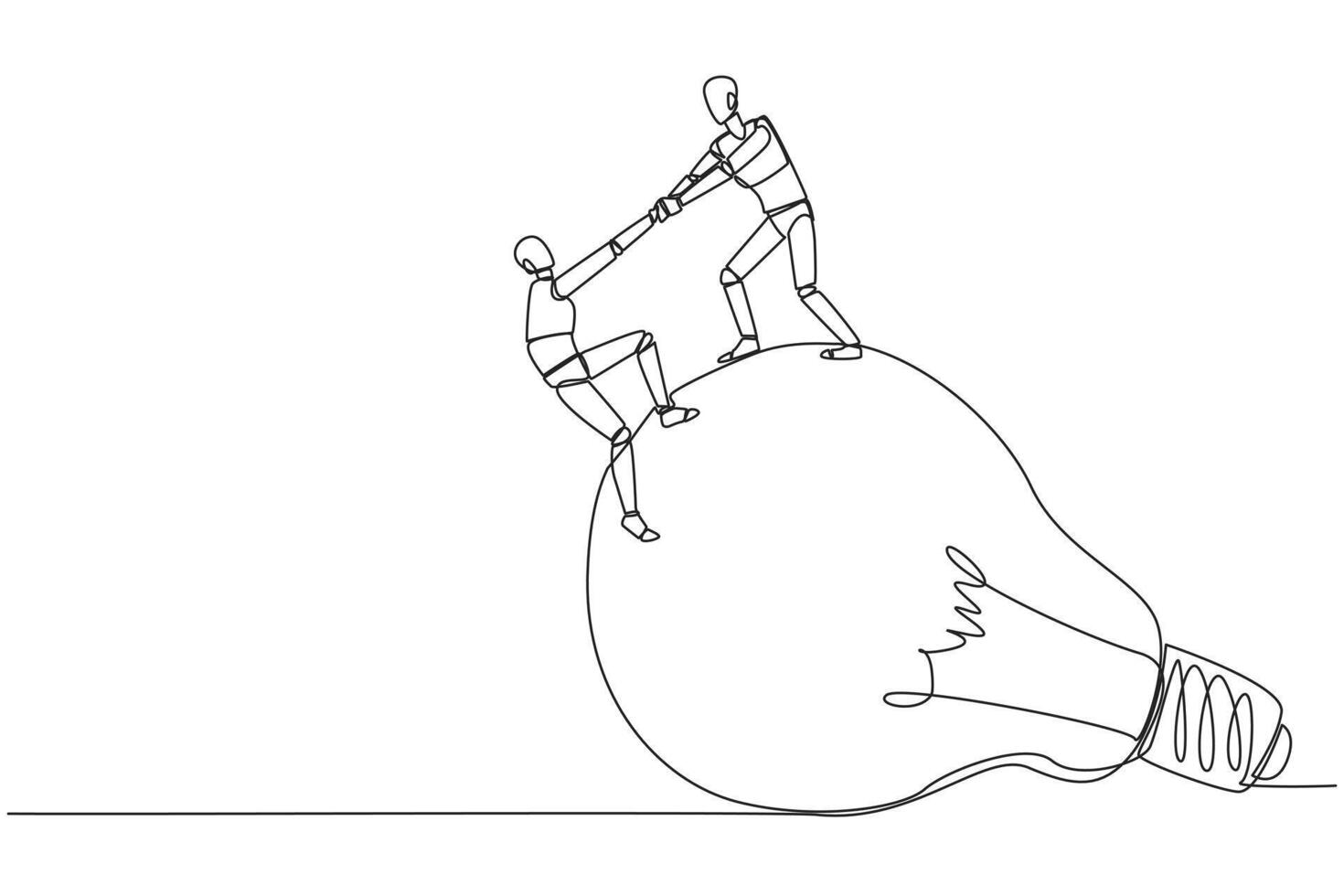 Continuous one line drawing smart robot helps colleague climb the big lightbulb. Metaphor related to idea. Brainstorm to achieve the best brilliant ideas. Single line draw design illustration vector