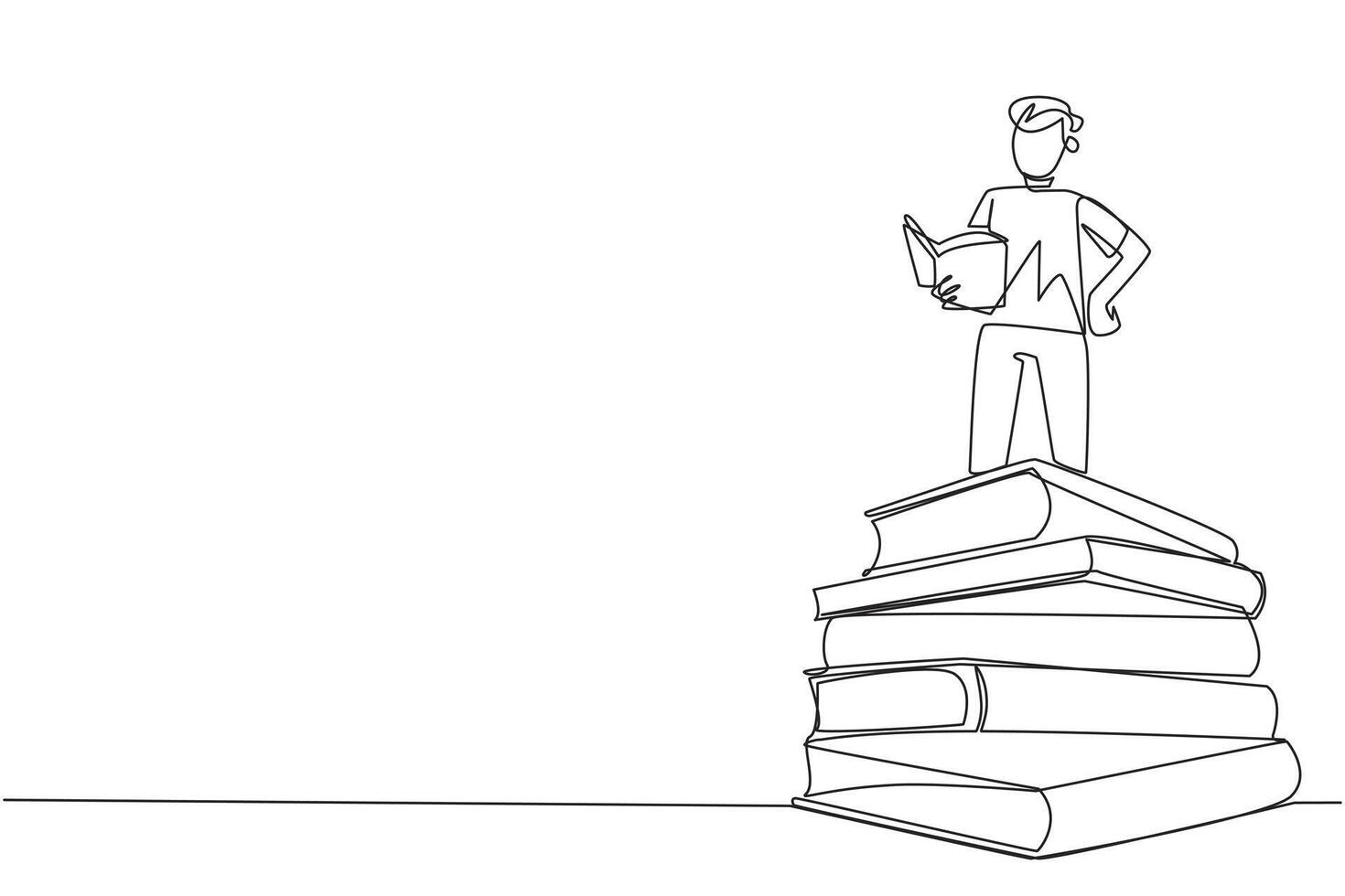 Single one line drawing man standing on pile of books reading a fiction story book. Intrigued by the book series. Read anywhere to finish reading. Reading. Continuous line design graphic illustration vector