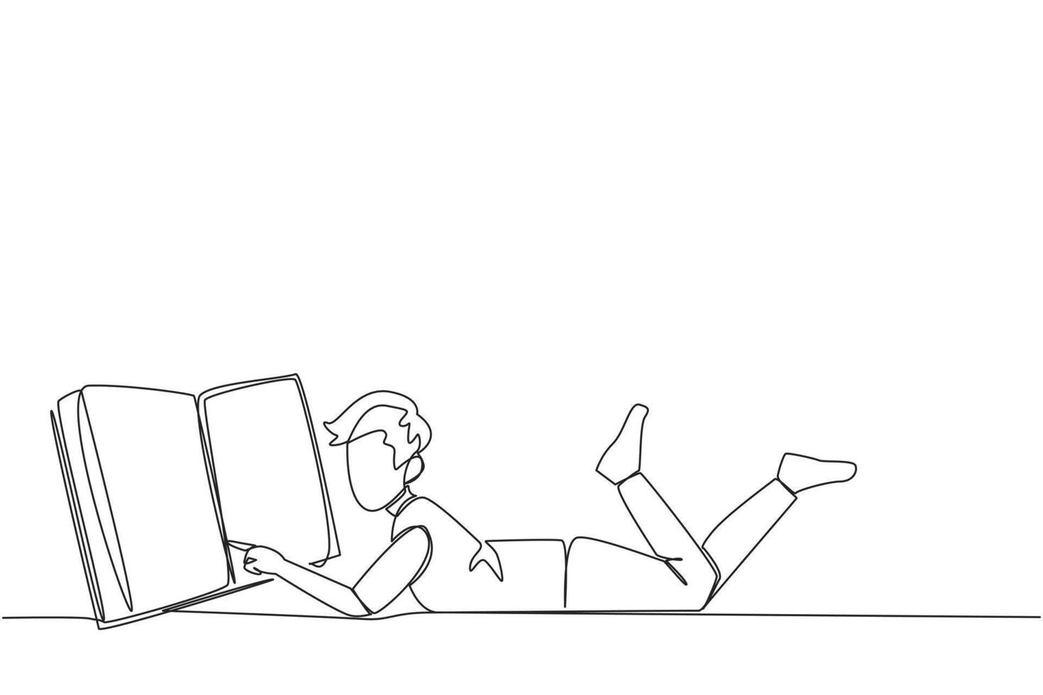 Single continuous line drawing man lying on his stomach reading a big book. Enjoy reading books in a variety of styles. Reading increases insight. Love reading. One line design illustration vector