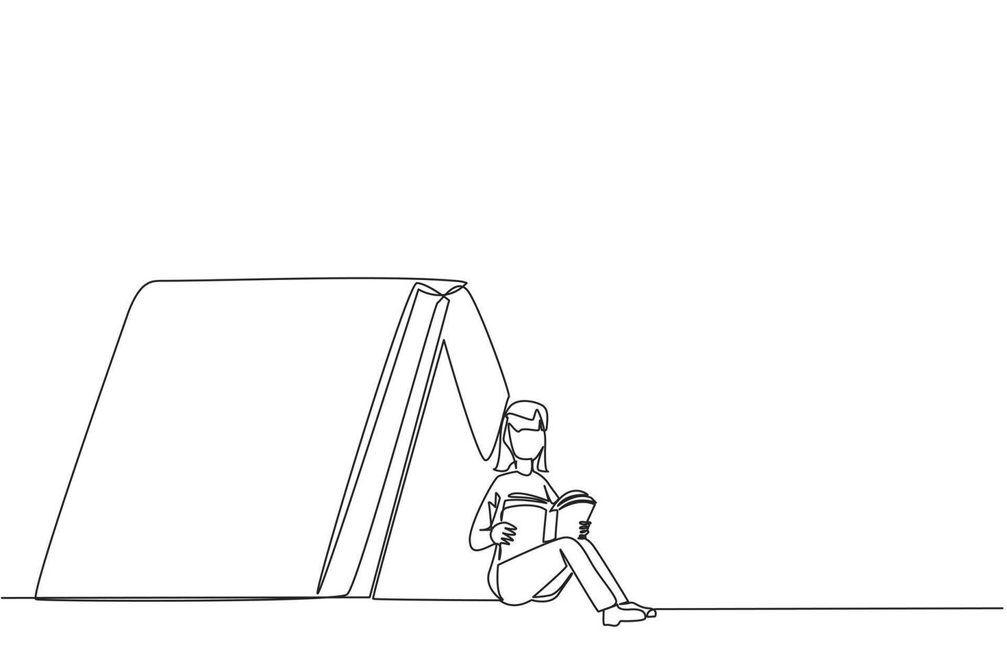 Continuous one line drawing woman sitting in front of large tent-shaped book. Reading the adventure fiction books in the wild. Addicted to reading. Book festival. Single line draw illustration vector