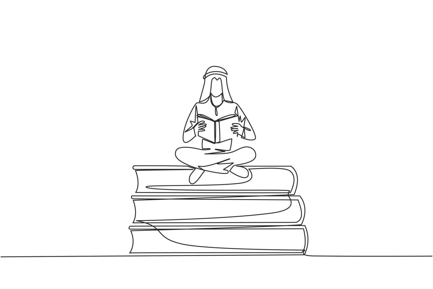 Single one line drawing Arab man sitting cross-legged on pile of large books. Read comic. Read textbook. Read scientific journal. Reading increase insight. Continuous line design graphic illustration vector