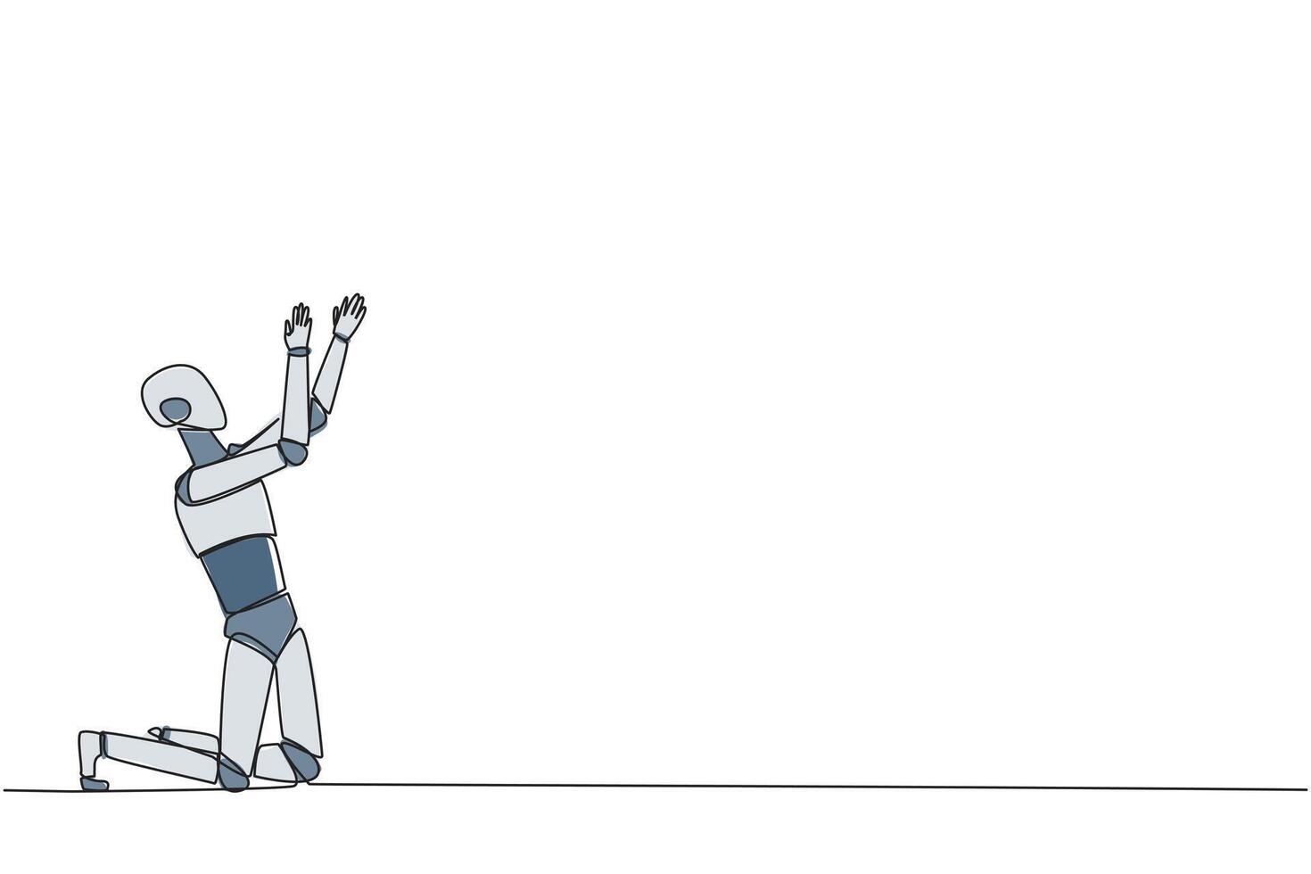 Continuous one line drawing robot kneeling raising hands to pray. Praying to make it easier to do business. The robot lost hope. Surrender. Sadness. Tech. Single line draw design illustration vector