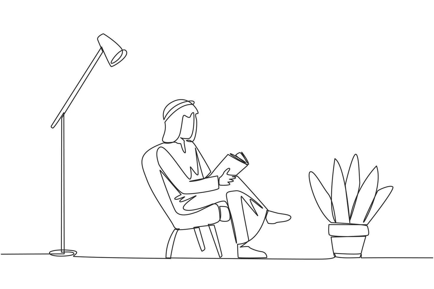 Continuous one line drawing Arabian man sitting reading in room with reading lamp. Spending holidays increasing knowledge by reading books. Love reading. Single line draw design illustration vector