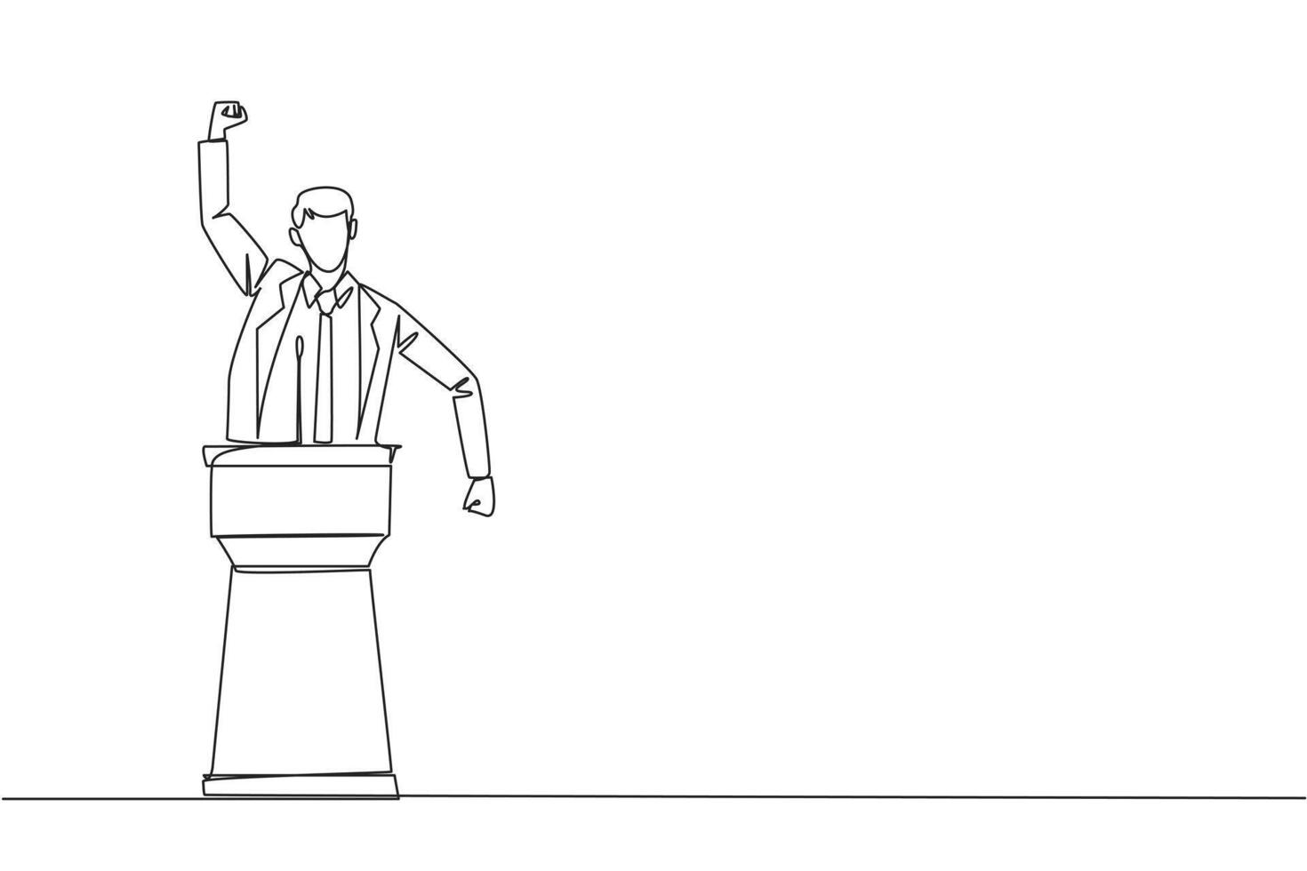 Continuous one line drawing young businessman speak at the podium by clenching fists at head height. Doing oration. Leadership concept. Burning spirit. Single line draw design illustration vector