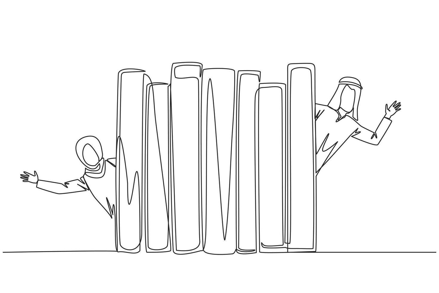 Continuous one line drawing Arab man woman appears from behind a row of books. Invitation to read book at library. Like to reading a book. Book festival concept. Single line design illustration vector