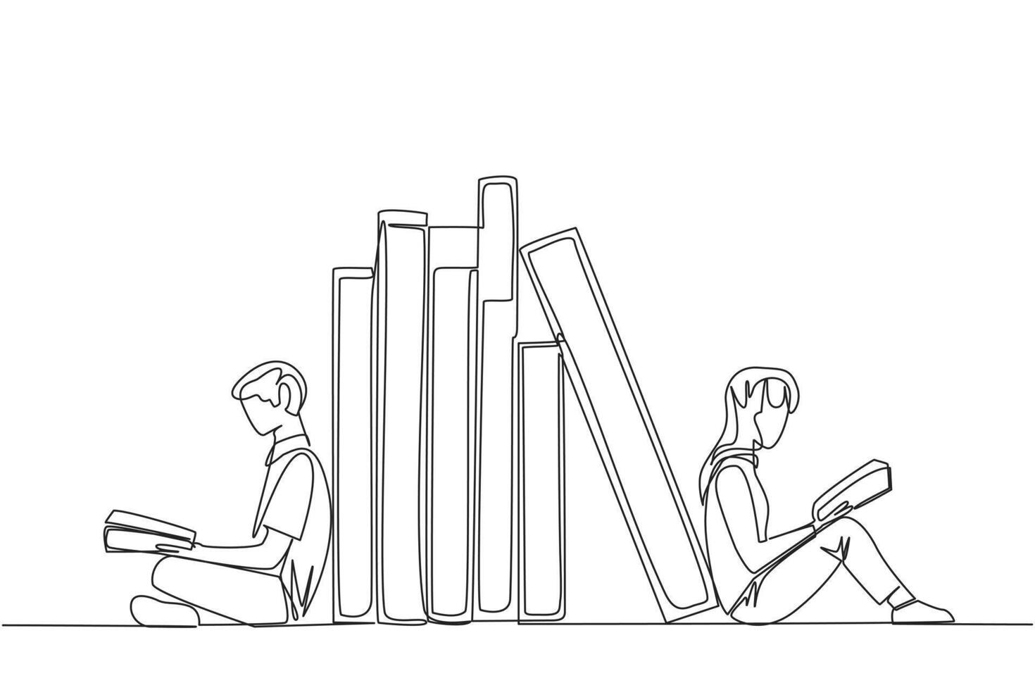 Single continuous line drawing man woman reading sitting leaning against a pile of books. Habit of reading books every day. Library. Good habit. Book festival concept. One line illustration vector