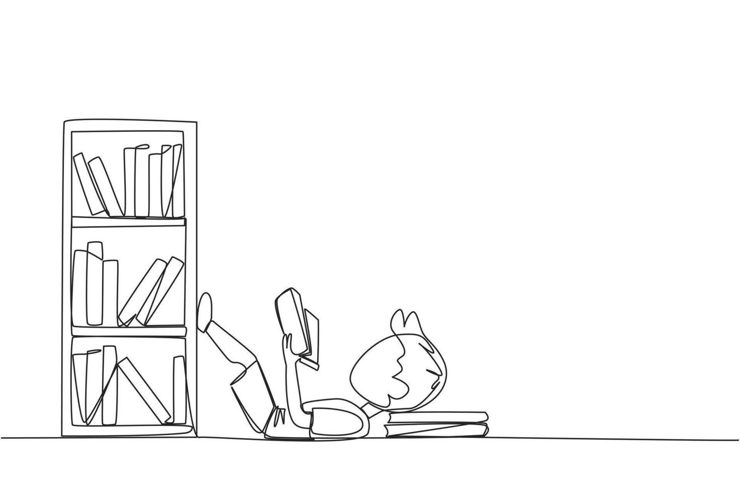 Single one line drawing boy lying on back reading fiction story book near bookshelf. Read slowly to enjoy the storyline. Hobby reading. Very good habit. Continuous line design graphic illustration vector