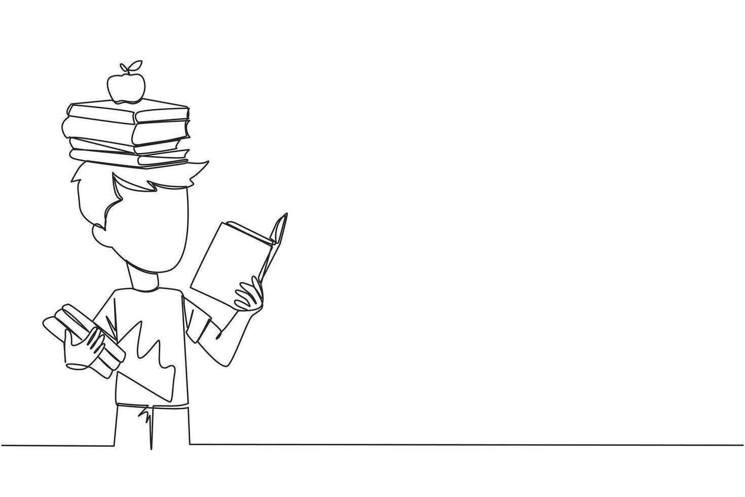 Single one line drawing boy reading a book practicing balance. Stack books on top of head along with the apple. Balancing reading rhythm, train focus. Love read. Continuous line graphic illustration vector