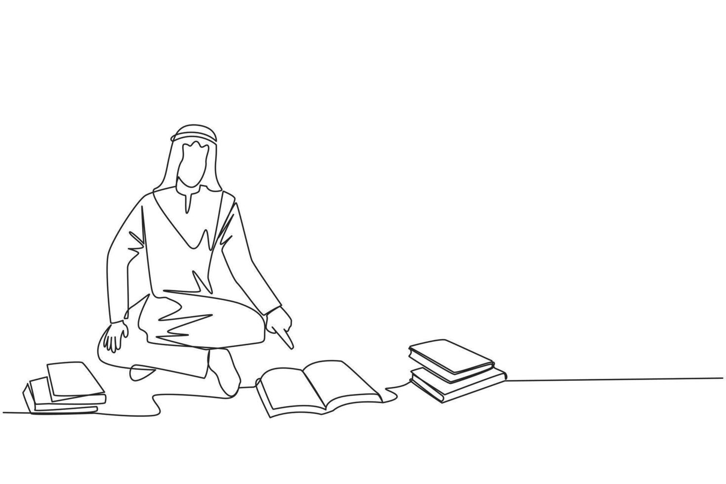 Single one line drawing Arabian man reading the books happily. Good reading interest. Really enjoy reading story books. Reading everywhere. Book festival concept. Continuous line graphic illustration vector