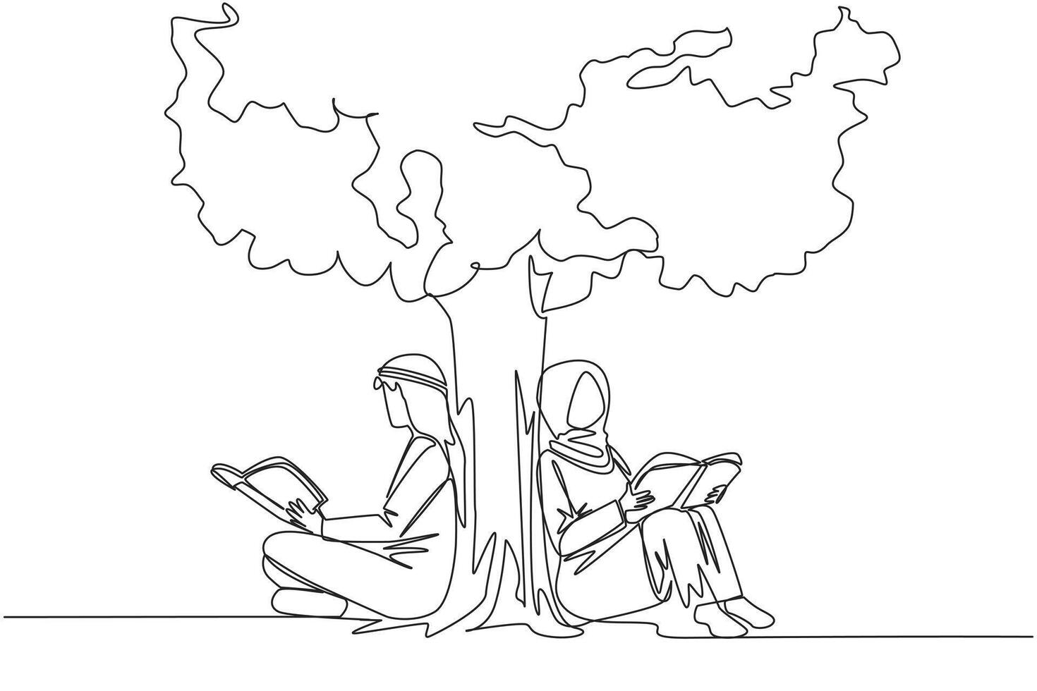 Single one line drawing Arab man woman sitting reading book under shady tree. Continuing second volume of fiction story book. Enjoy reading. Book festival. Continuous line design graphic illustration vector