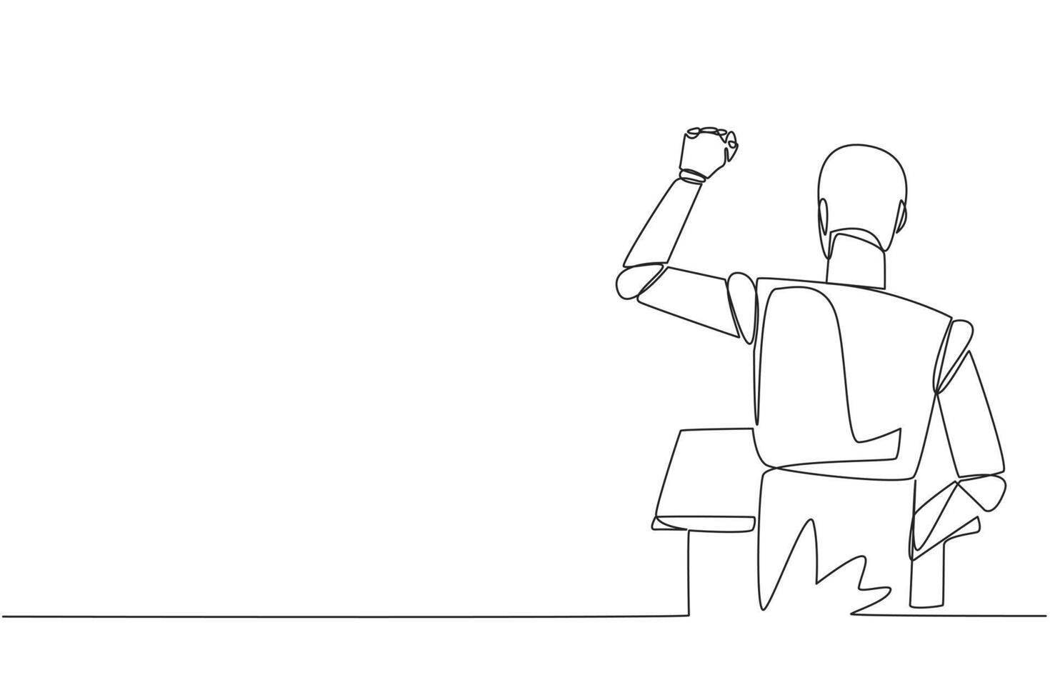 Single continuous line drawing rear view of smart robotic speaking at the podium. Raising and clenching hands, enthusiastically gave financial gain oration. Orator. One line design illustration vector