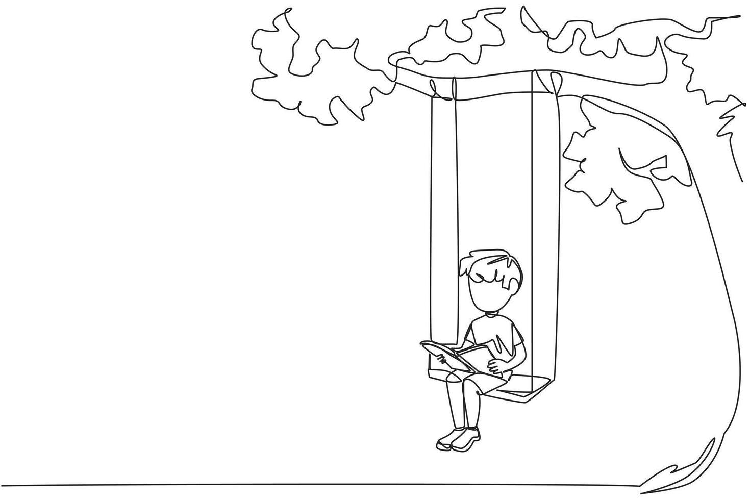 Single continuous line drawing boy sitting on a swing under a shady tree reading a book. High enthusiasm for reading. Read anywhere. Reading increases insight. One line design illustration vector