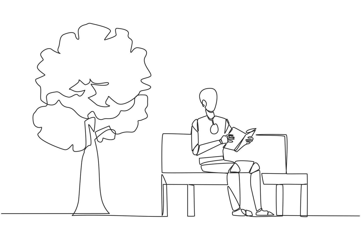 Continuous one line drawing robot sitting on park bench reading book. Learn by re-reading textbook. Read to get maximum marks. Reading increase insight. Single line draw design illustration vector