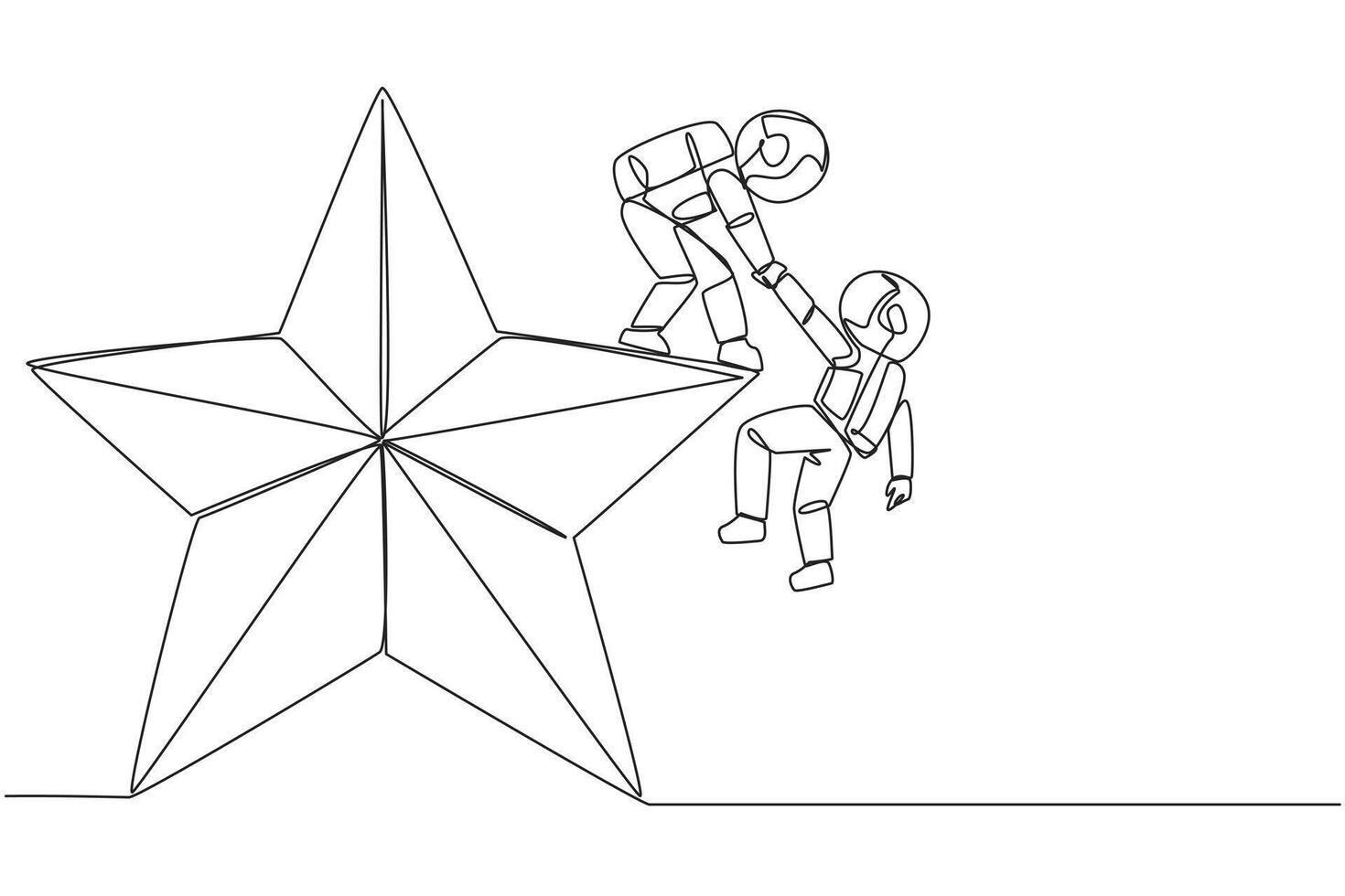 Continuous one line drawing astronaut helps colleague climb big star. Metaphor of achieving dreams of success together. Have a very good career position. Single line draw design illustration vector