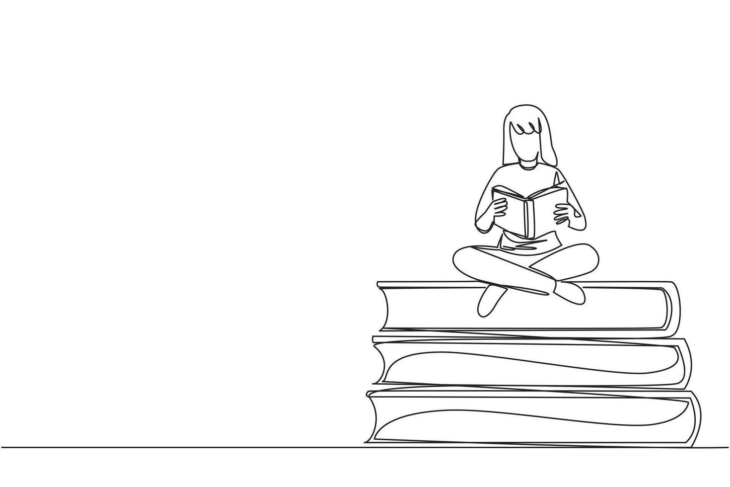 Single continuous line drawing woman sitting cross-legged on pile of large books. Read comic. Reading textbook. Read scientific journal. Reading increase insight. One line design illustration vector