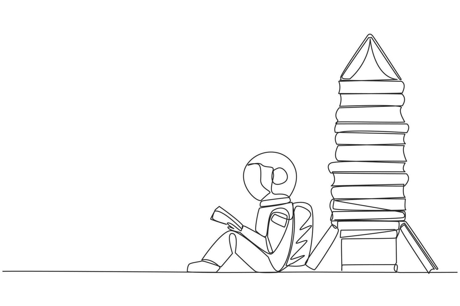 Continuous one line drawing astronaut sitting reading next to a pile of books shaped like rocket. Read the complete guide before expedition. Book festival. Single line draw design illustration vector