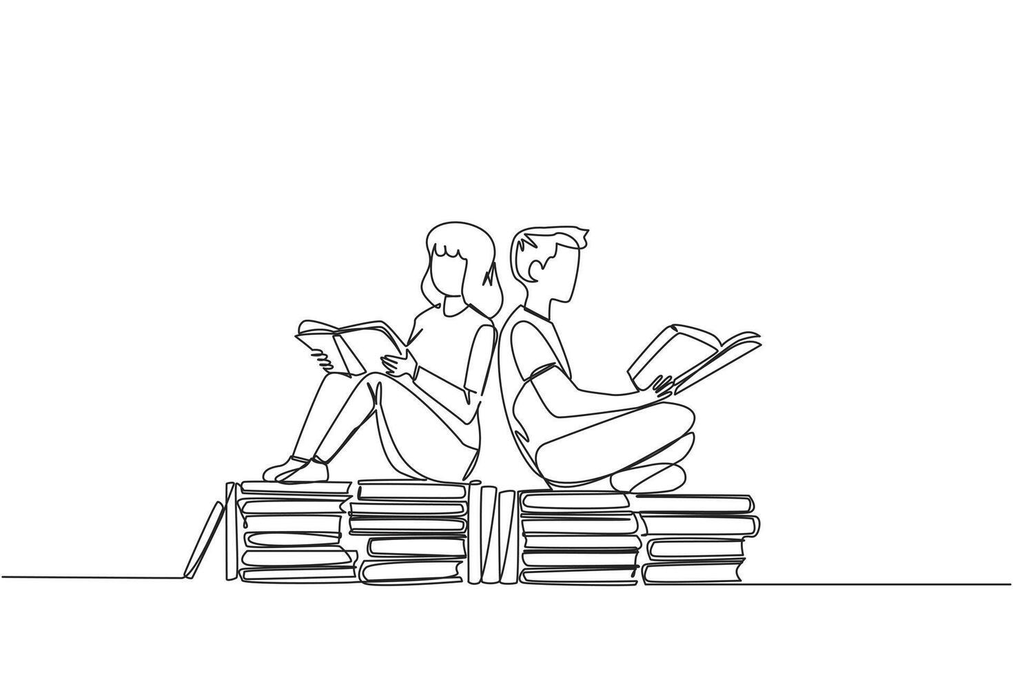 Continuous one line drawing man woman sitting relax reading book on pile of books. Relax while reading fiction books. Enjoy the storyline. Book festival concept. Single line design illustration vector