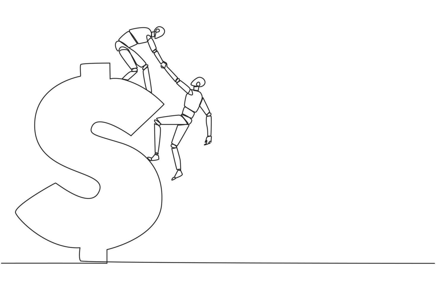 Single continuous line drawing smart robotic helps colleague climb the big dollar symbol. Desire to develop business together. Super great teamwork. Cohesiveness. One line design illustration vector