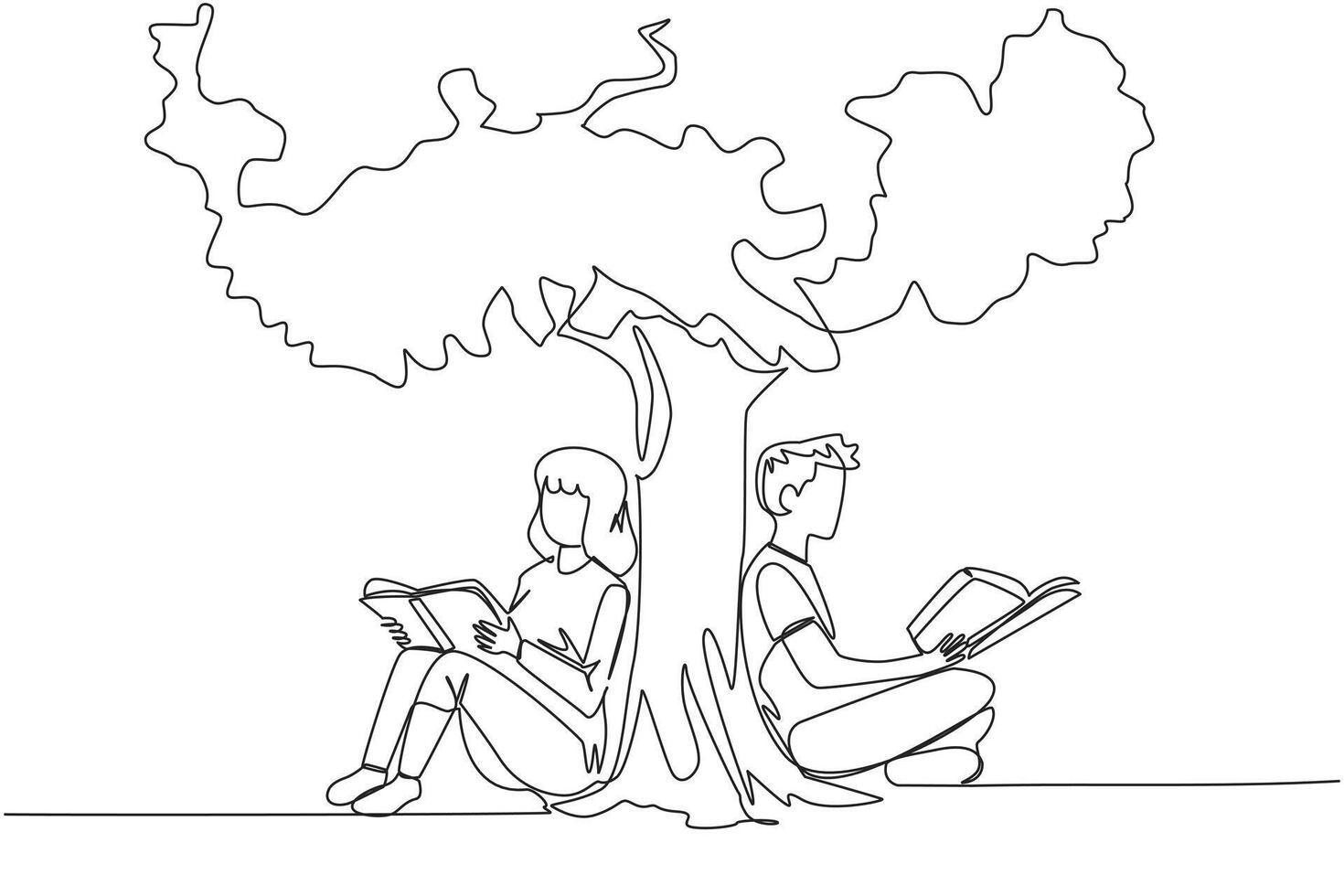 Single continuous line drawing man woman sitting reading the book under shady tree. Continuing the second volume of the fiction story book. Enjoy reading. Book festival. One line illustration vector