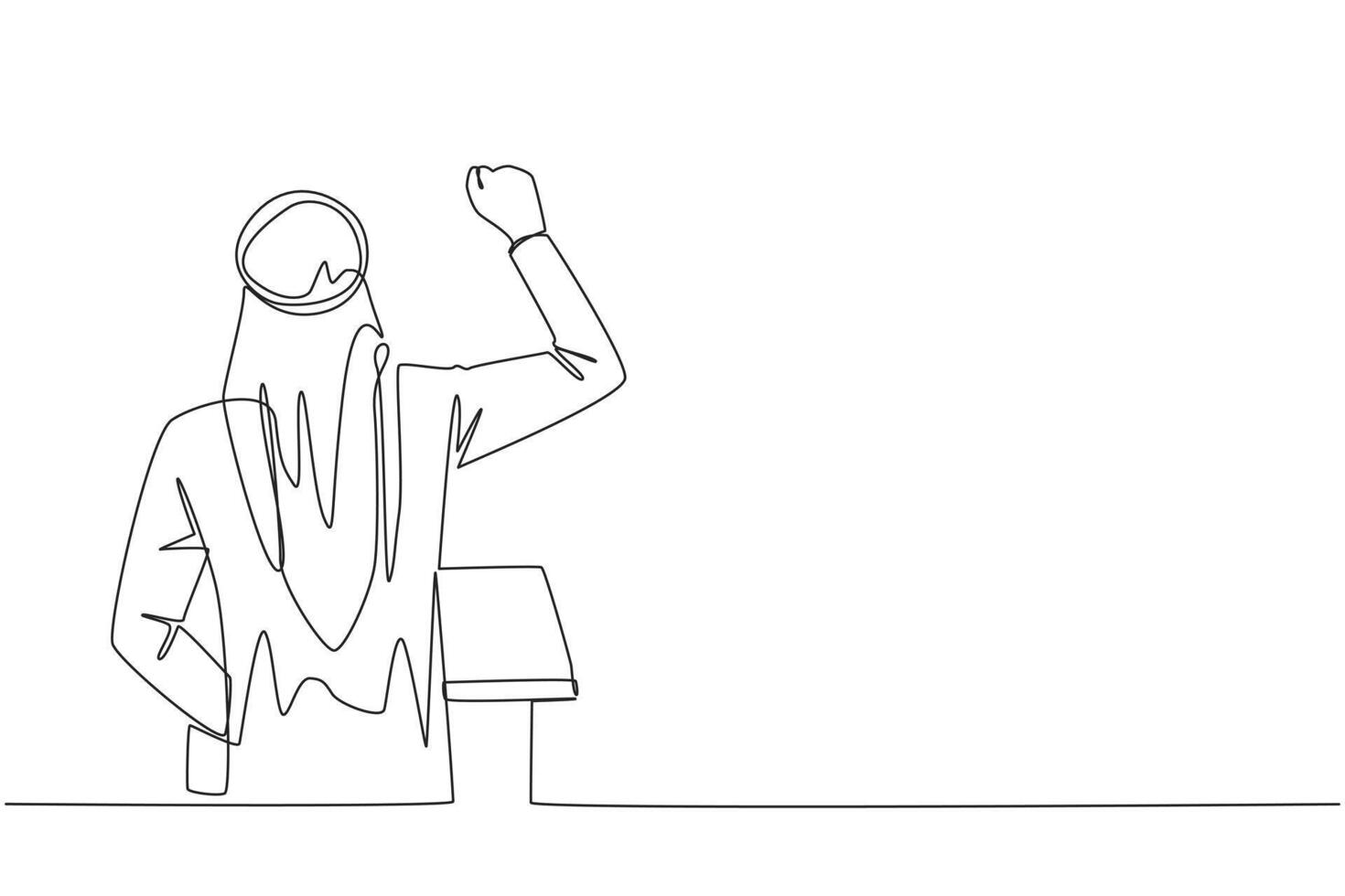 Continuous one line drawing rear view of Arab businessman speaking at podium. Raising and clenching hands, he enthusiastically gave financial gain oration. Single line draw design illustration vector