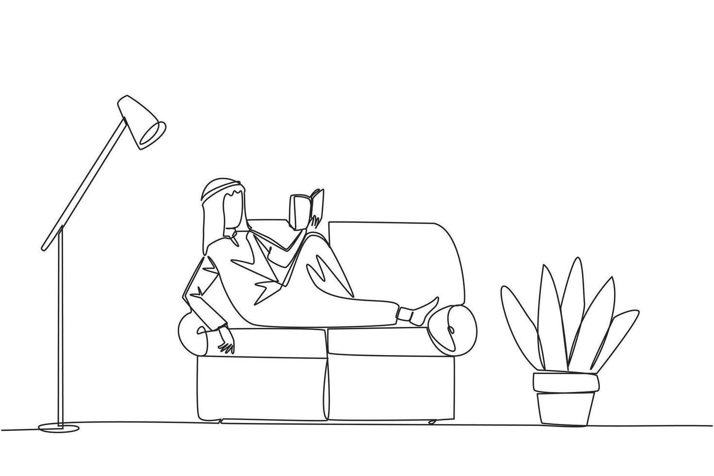 Single continuous line drawing Arabian man sitting stretched out on sofa reading book. Really like content of the book reading on each page. Impressive. Love read. One line design illustration vector