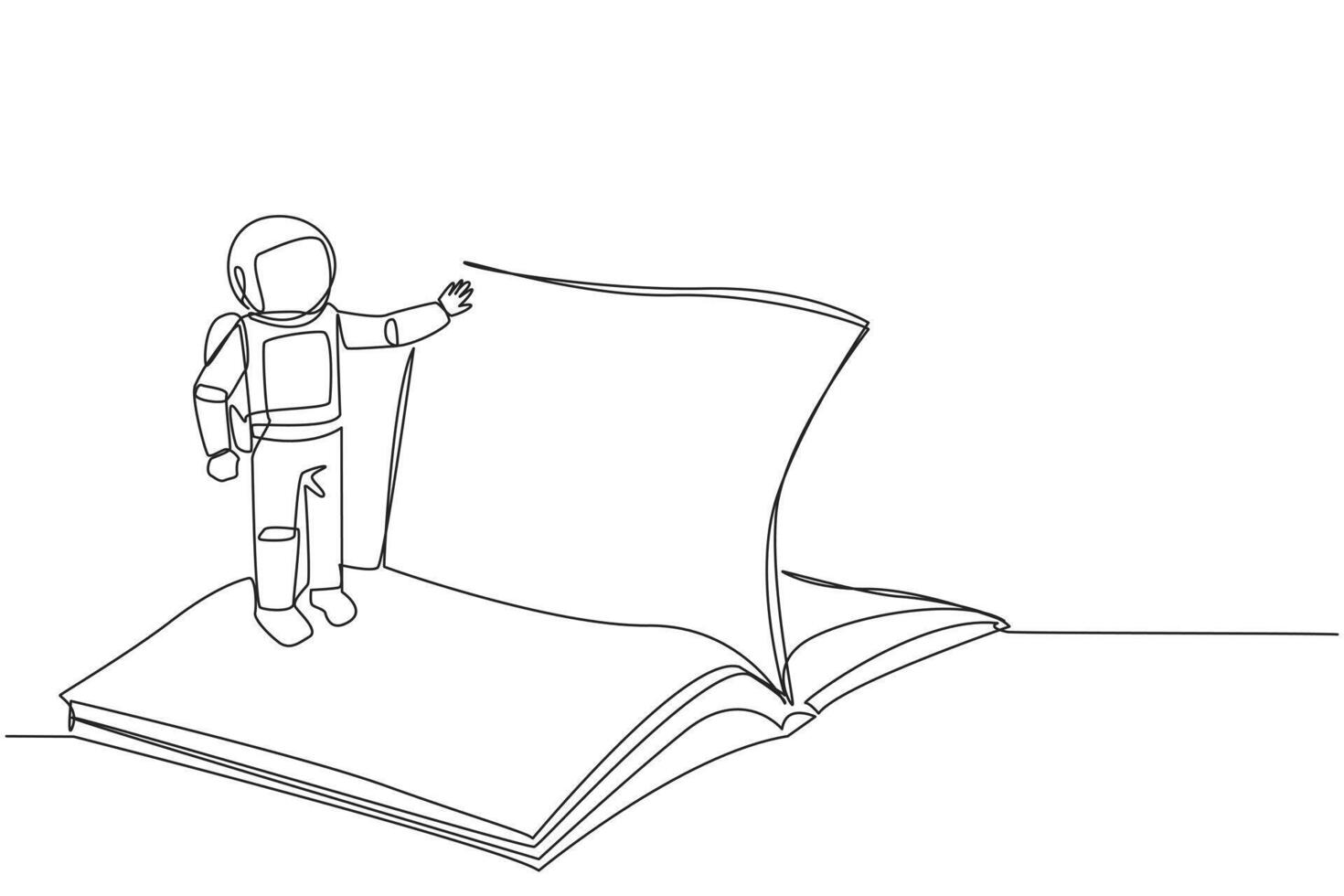 Continuous one line drawing astronaut standing over open ledger turning page. Read slowly to understand contents of each page. Reading increases insight. Single line draw design illustration vector