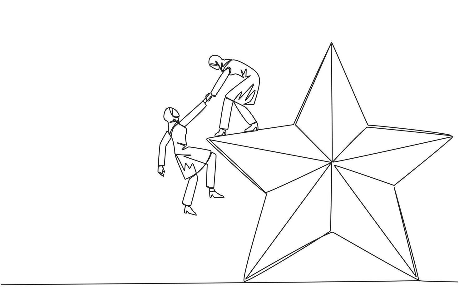 Single one line drawing Arab businesswoman helps colleague climb star. Metaphor of achieving dreams of success together. Have a very good career position. Continuous line design graphic illustration vector