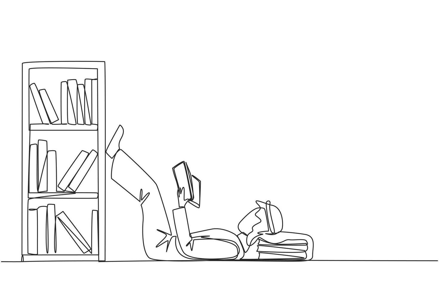 Continuous one line drawing Arab man lying on back reading fiction story book near bookcase. Read slowly to enjoy the storyline. Hobby reading. Very good habit. Single line design illustration vector