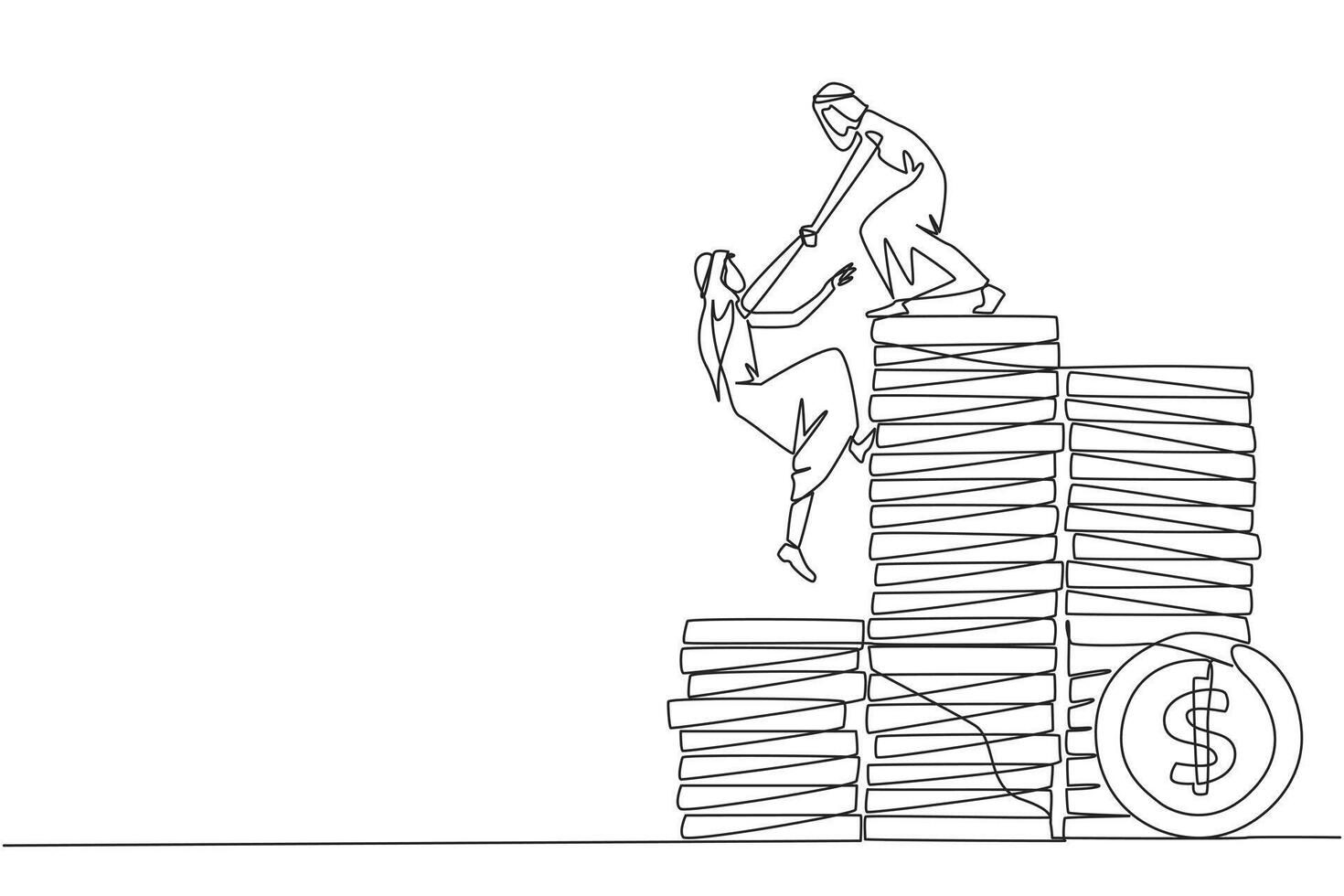 Single continuous line drawing Arab businessman helps colleague climb pile of coins. Metaphors help achieve financial targets before entering retirement. Teamwork. One line design illustration vector