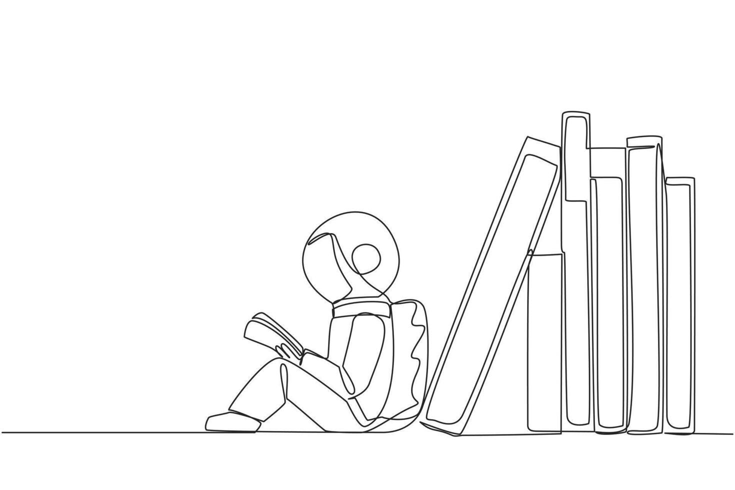 Single continuous line drawing astronaut reading sitting leaning against pile of books. Habit of reading book every day. Library. Good habit. Book festival concept. One line design illustration vector