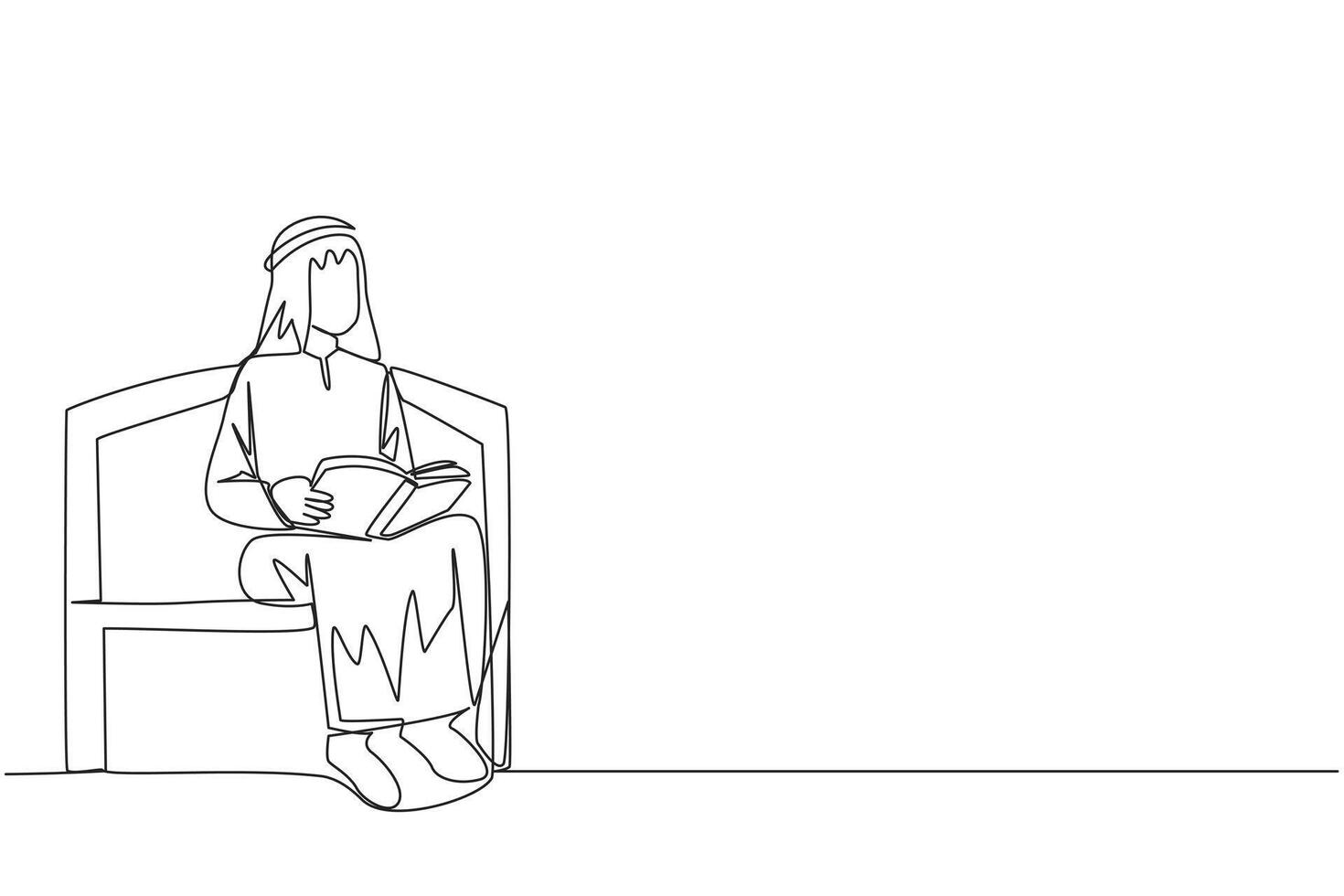 Single continuous line drawing Arabian man sitting reading on chair in the university park. Prepare for the final exams with serious reading. Book festival concept. One line design illustration vector