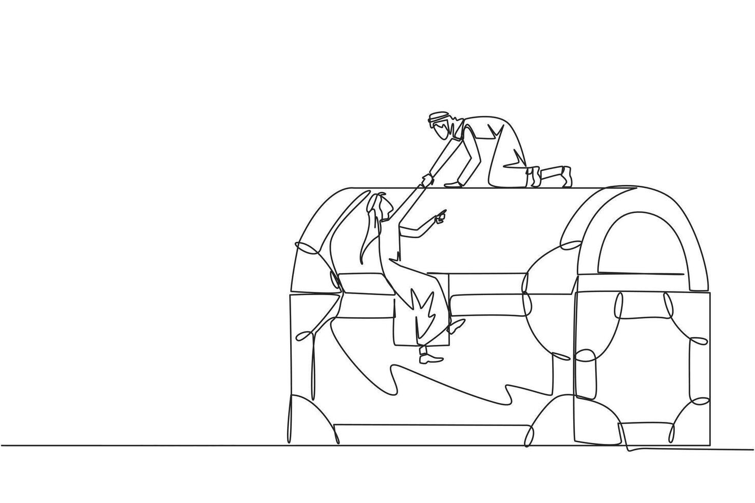 Single continuous line drawing Arabian businessman helps colleague climb large treasure chest. Get extraordinary profits. Share equally. Stronger together. Reward. One line design illustration vector