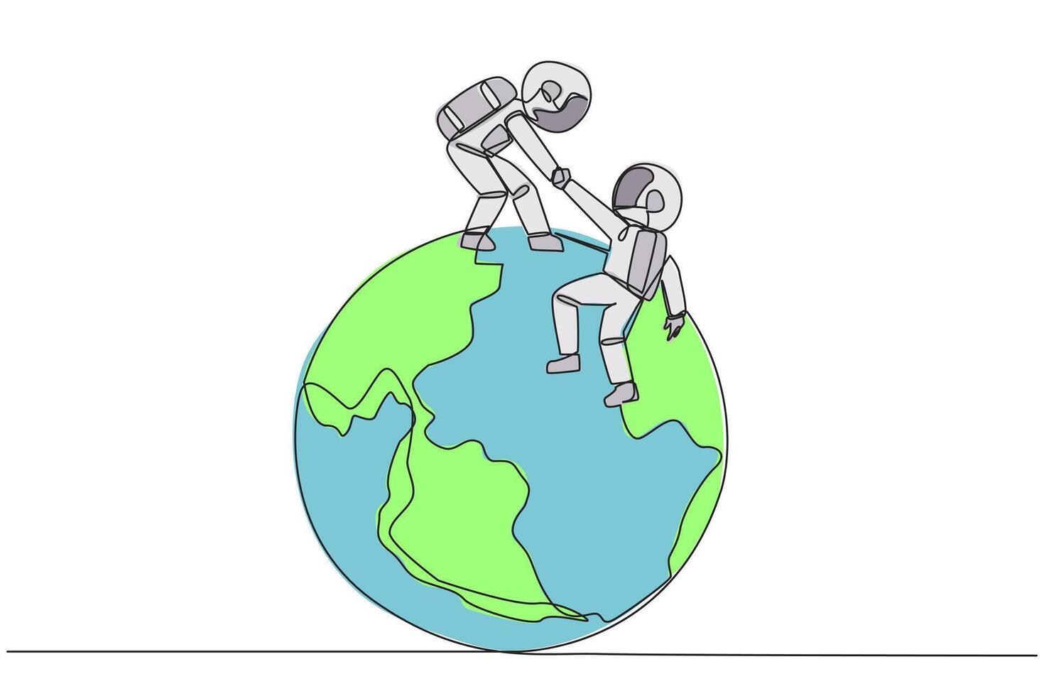 Continuous one line drawing young astronaut helps colleague climb big globe. Metaphor of reaching top of the world through increasing business. Teamwork. Single line draw design illustration vector