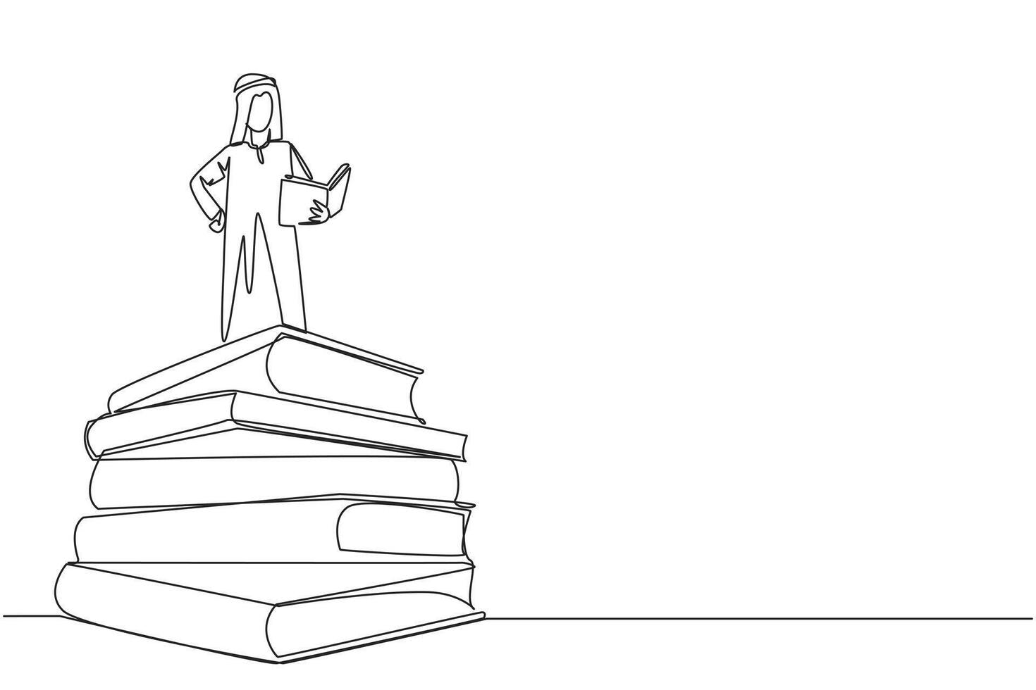 Single continuous line drawing Arab man standing on pile of books reading fiction story book. Intrigued by book series. Read anywhere to finish reading. Reading. One line design illustration vector