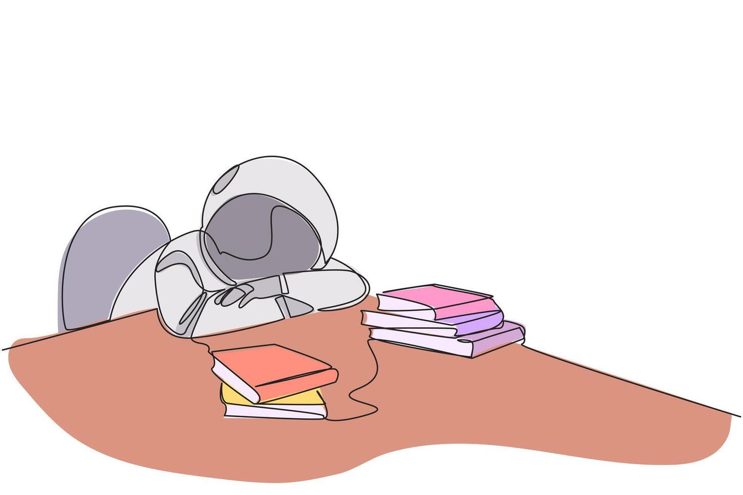 Single continuous line drawing astronaut asleep at table where there were piles of books. Tired after successfully finish favorite reading book. Love reading. One line design illustration vector