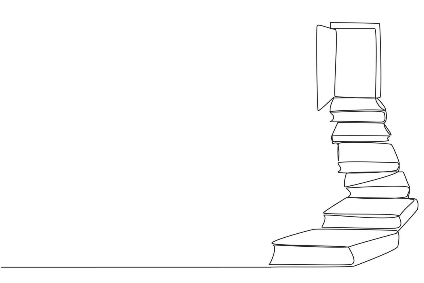 Single continuous line drawing stack the books used as steps. Reach for the open door at the end of the stairs. Symbol of achieving desires. Book festival concept. One line design illustration vector